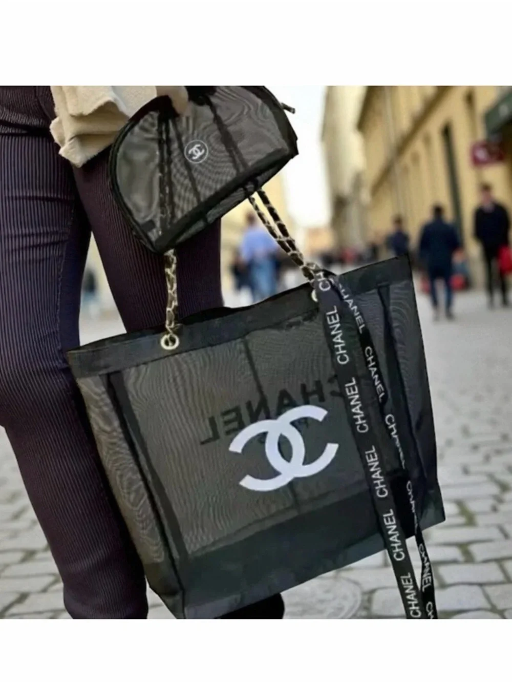 Chanel Black Clear mesh  Tote Bag with Chain Accent VIP item.. - Picture 2 of 5